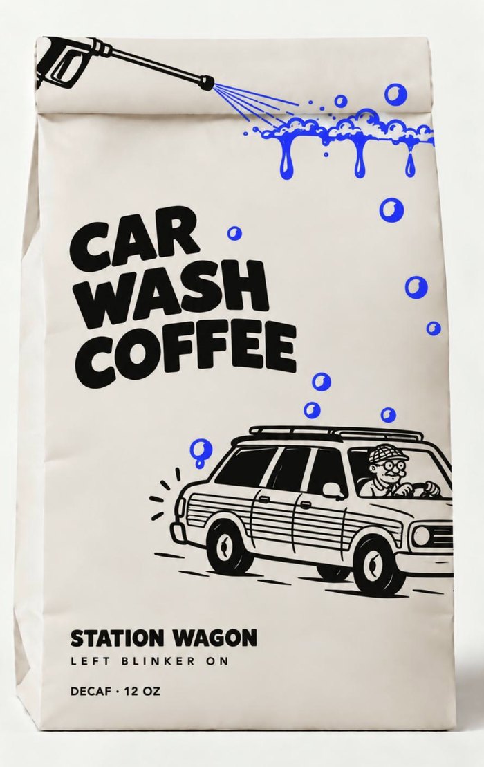 Car Wash Coffee bag: Station Wagon decaf, with a pressure wand spraying blue suds over the top and a grandpa driving a wood-panel wagon